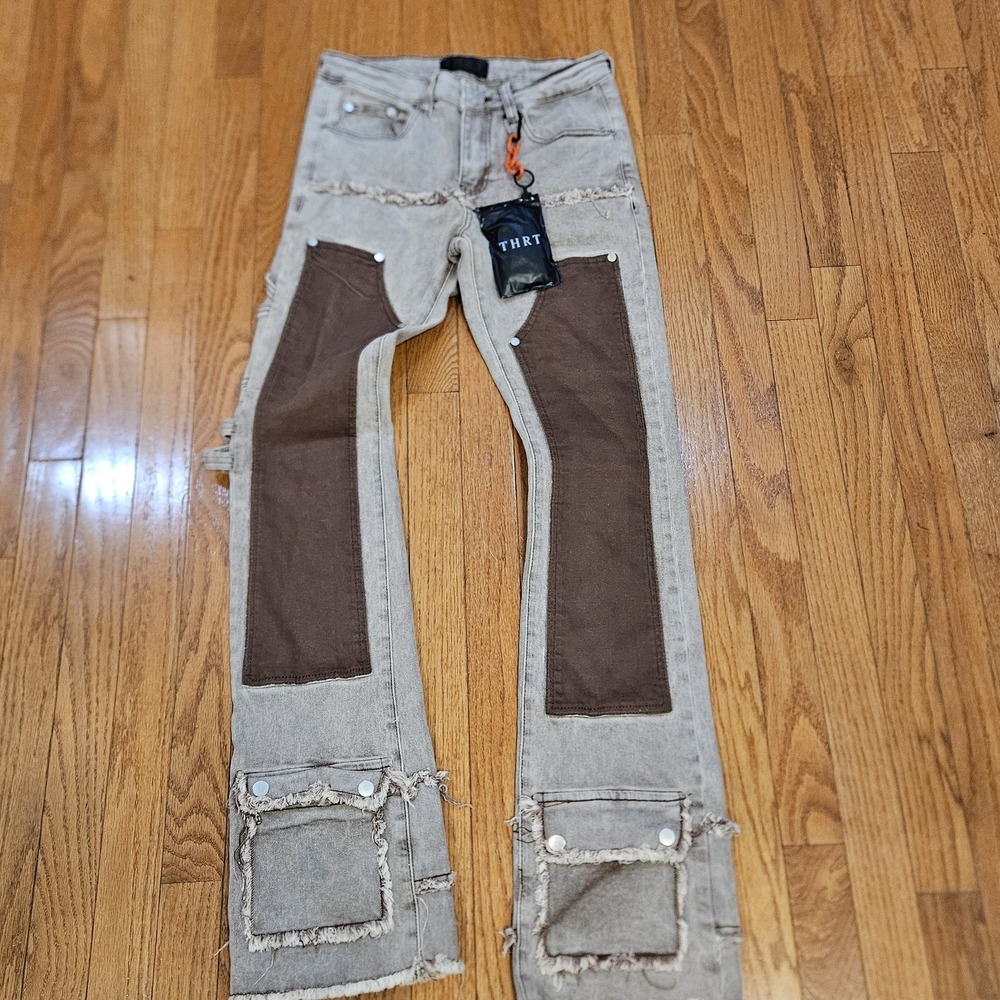 NWT THRT DENIM WAGONEER C22 Patchwork Utility Jeans, Khaki Brown (30) Streetwear